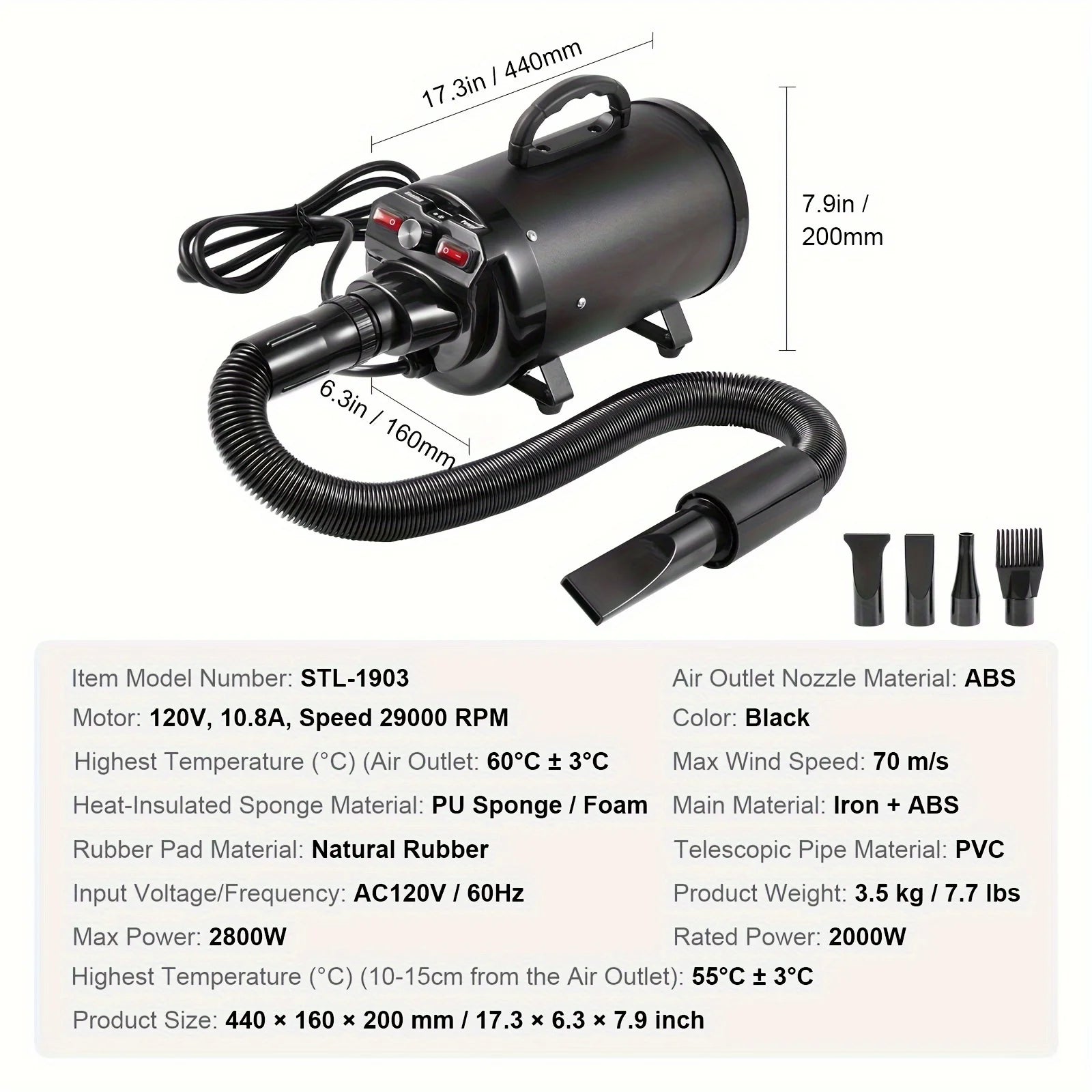 Στεγνωτήρας Σκύλων 2800W για Καλλωπισμό Κατοικιδίων με Ρύθμιση Ταχύτητας και Θερμοκρασίας
