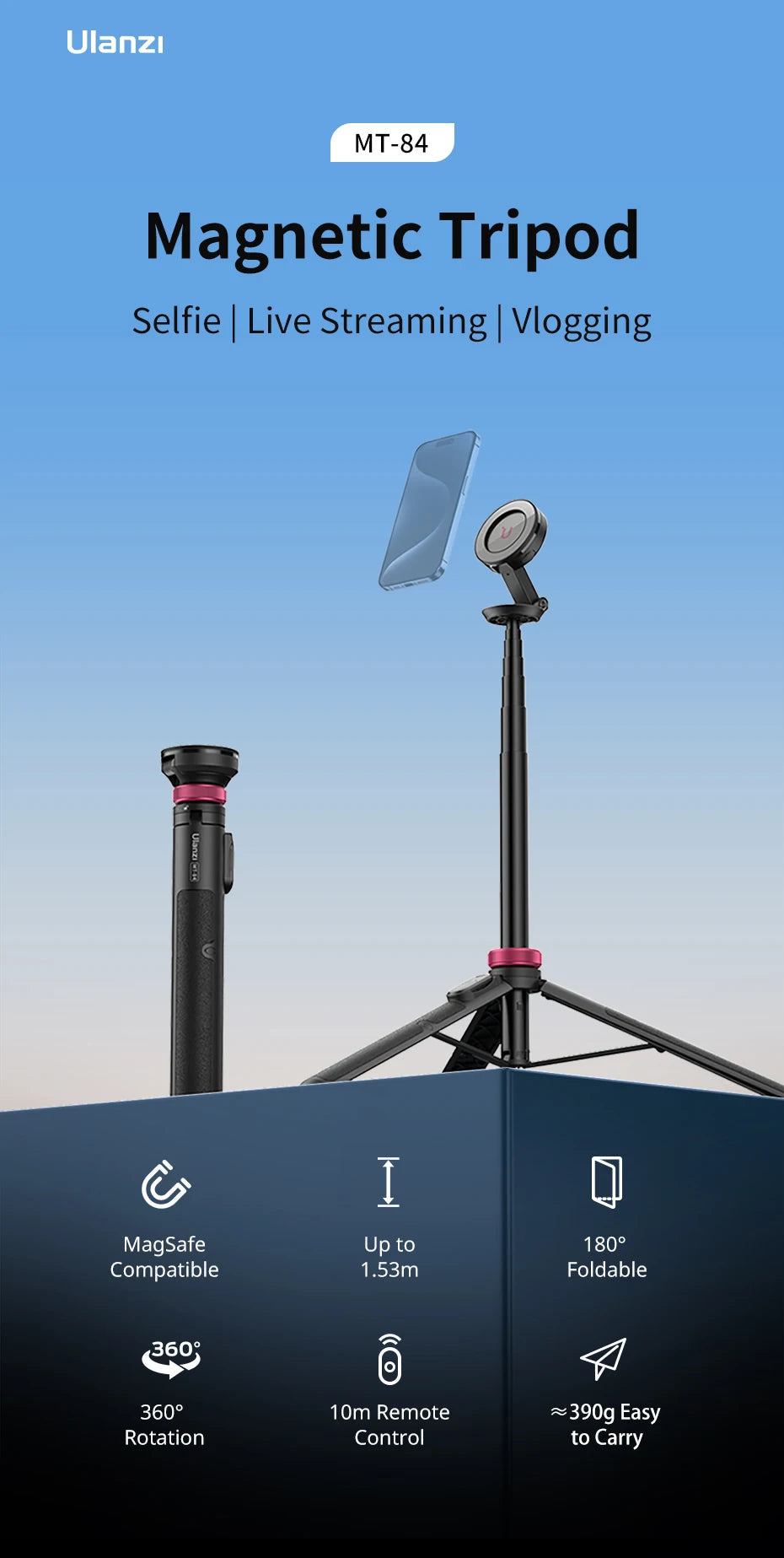 Ulanzi MT-84 Magsafe Selfie Çubuğu Tripod Stand Bluetooth