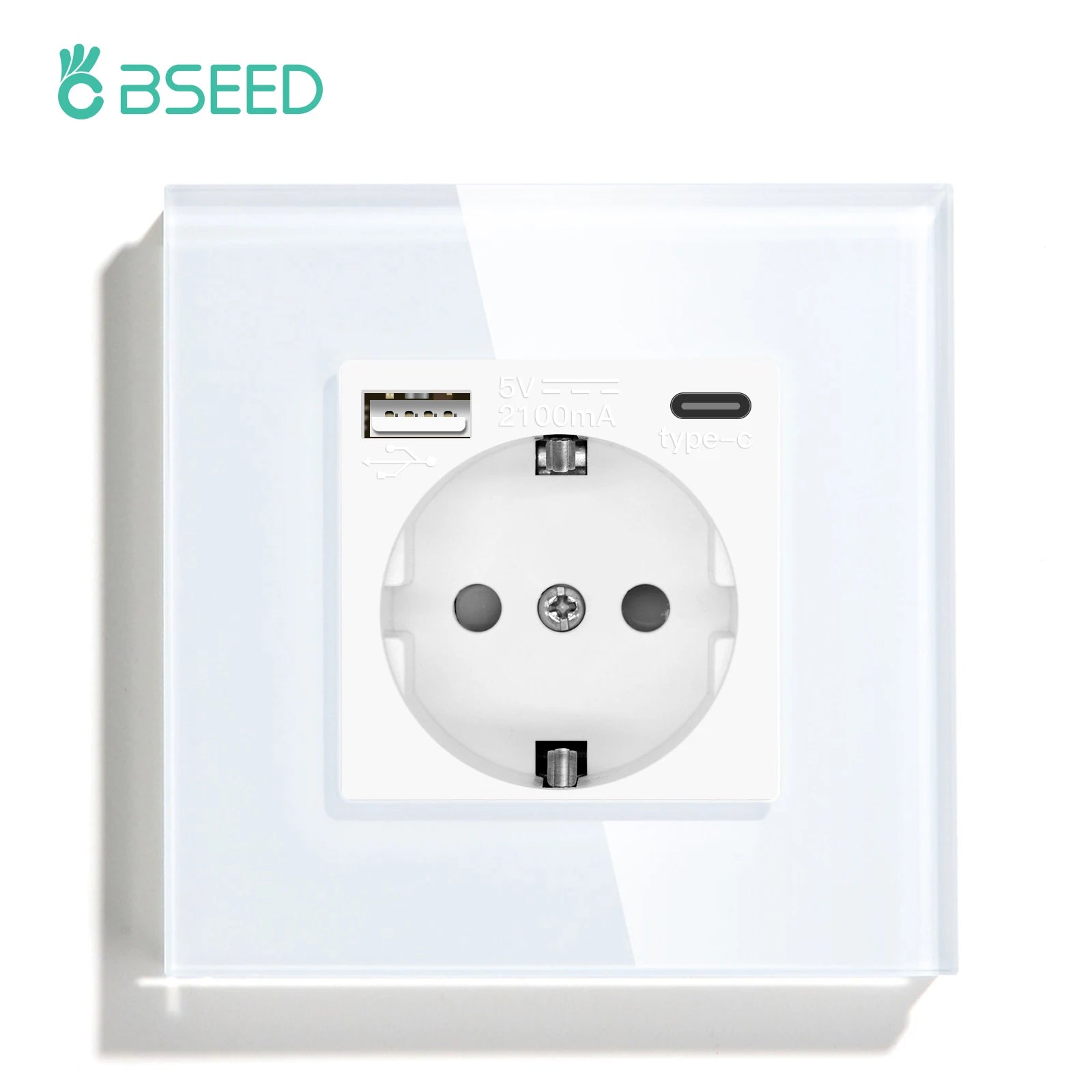 BSEED EU Standard Wall Electrical Sockets Type-C Outlets Wall Power Socket USB Charge Port Glass Panel Kids Protection 16A 