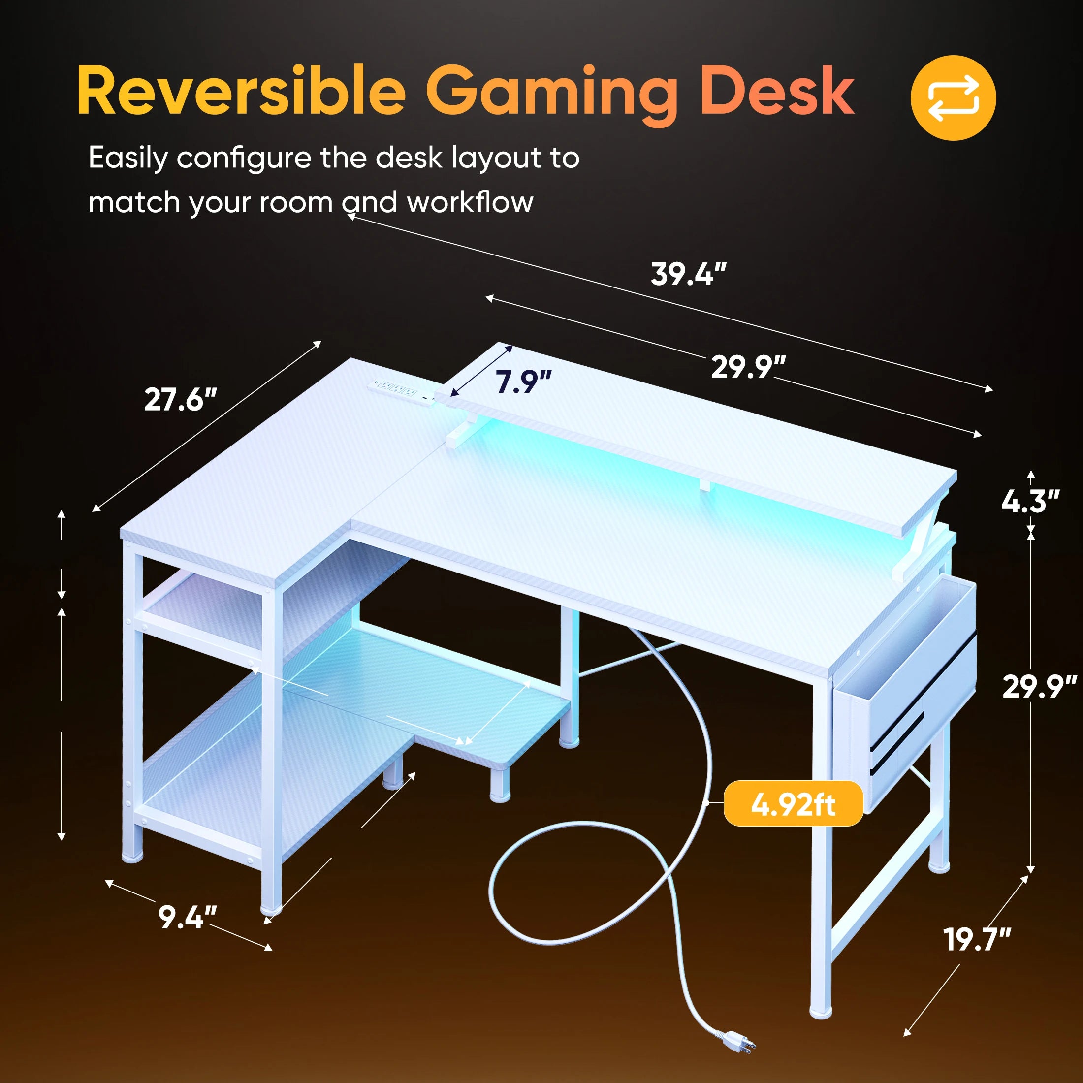L-Shaped Gaming Desk with LED Lights & USB Ports (40–48 Inch)