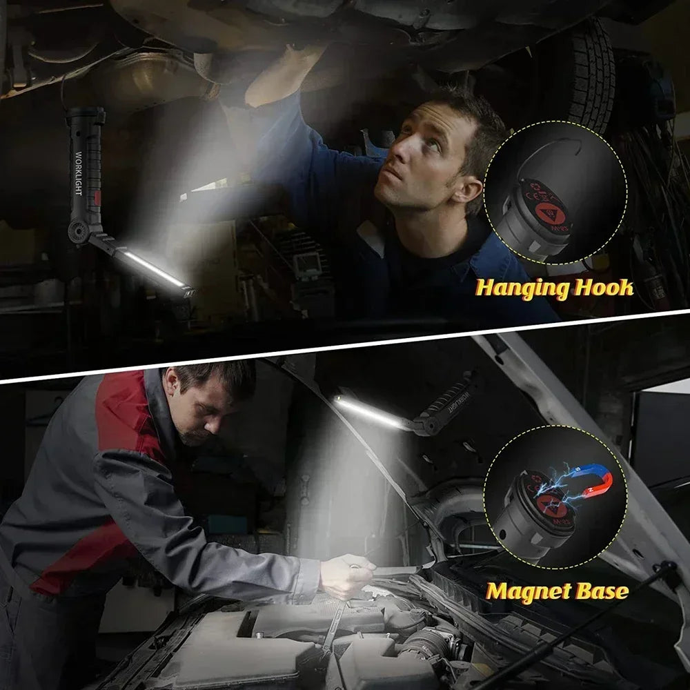 COB LED Work Light Dimmable USB Rechargeable LED Flashlight Inspection Lamp With Magnetic Hook Power Bank 18650 Battery Torch 