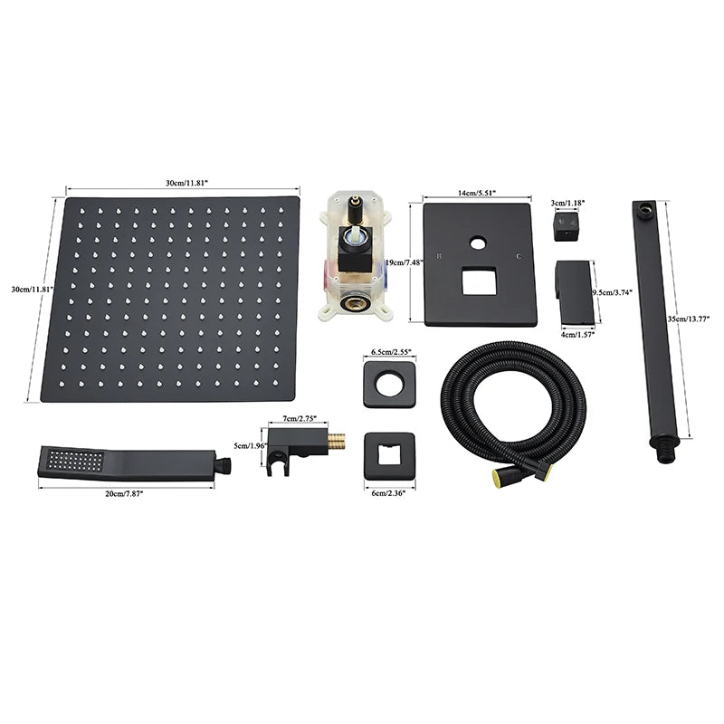 Matte Black Rainfall Shower Faucets Set Rain Waterfall Concealed Shower System Embed Box Bathroom Shower Mixer Shower Combo Set