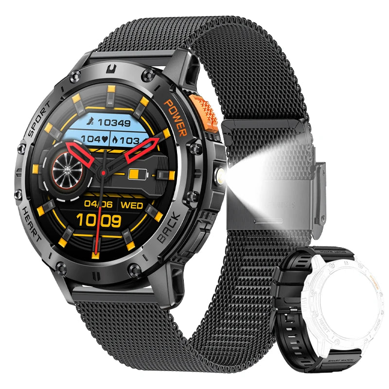 For Android ios New AMOLED Smart Watch Men with Flashlight Sports Waterproof Fitness Tracker Bluetooth Call Smartwatch Man+Box 