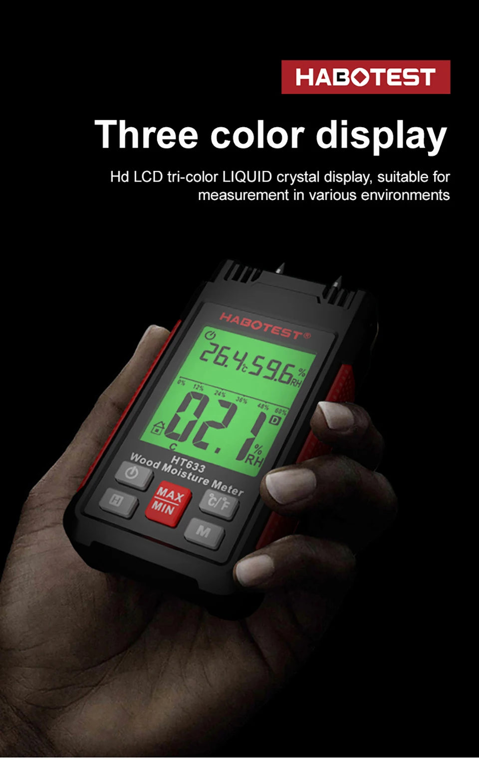 Wood Moisture Meter, Digital Humidity Meter with 3 Colours Backlit LCD,Moisture Meter Detector for Walls,Logs,Firewood,Building