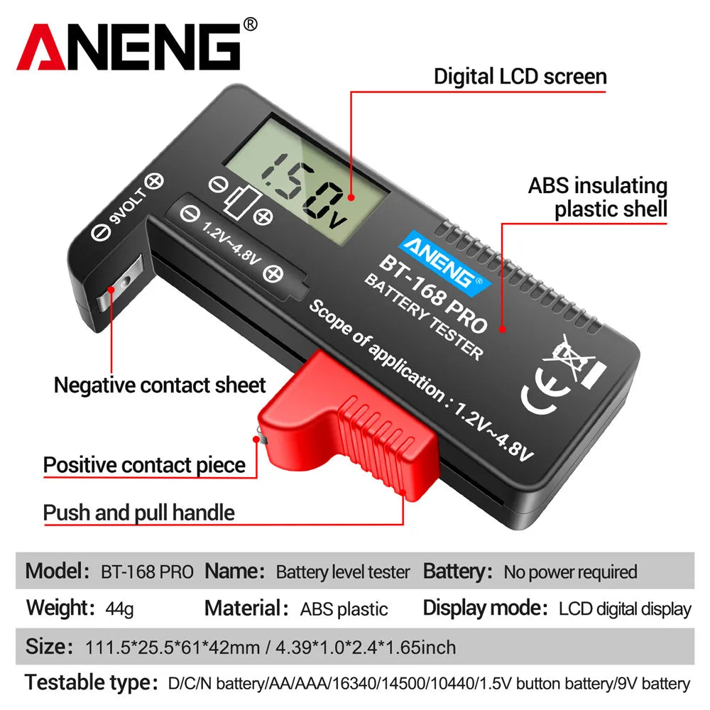 Batteritestere ANENG BT-168 PRO, kapasitetskontrollert belastningsanalysator, digital batteritester for 9 V-, AAA-, AA- og knappcellebatterier