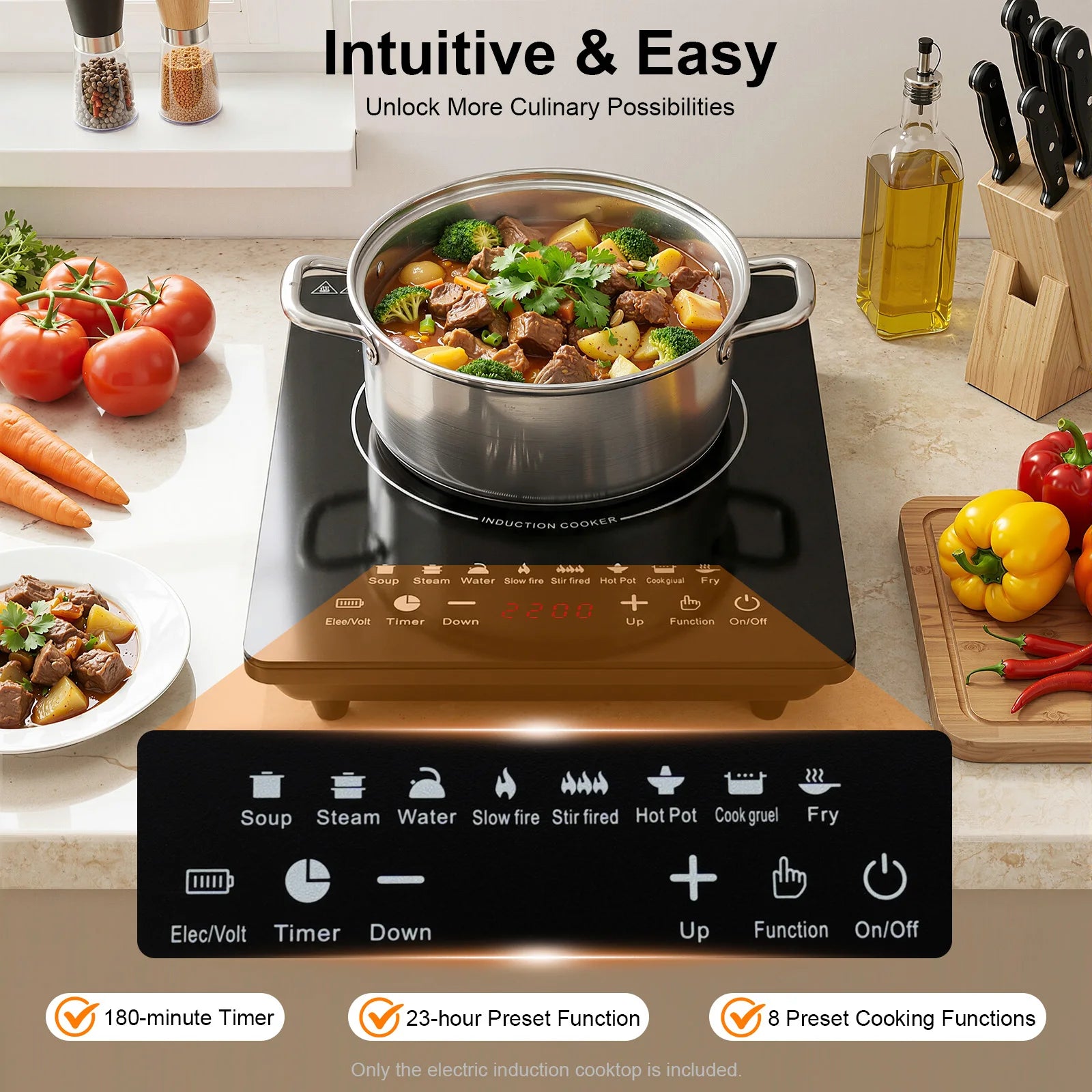 8-Level Induction Cooktop with Timer, 750W Countertop Stove