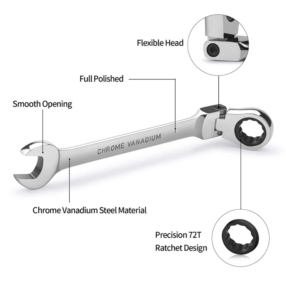 Flexible-Head Ratchet Combination Spanner, Metric Size Options