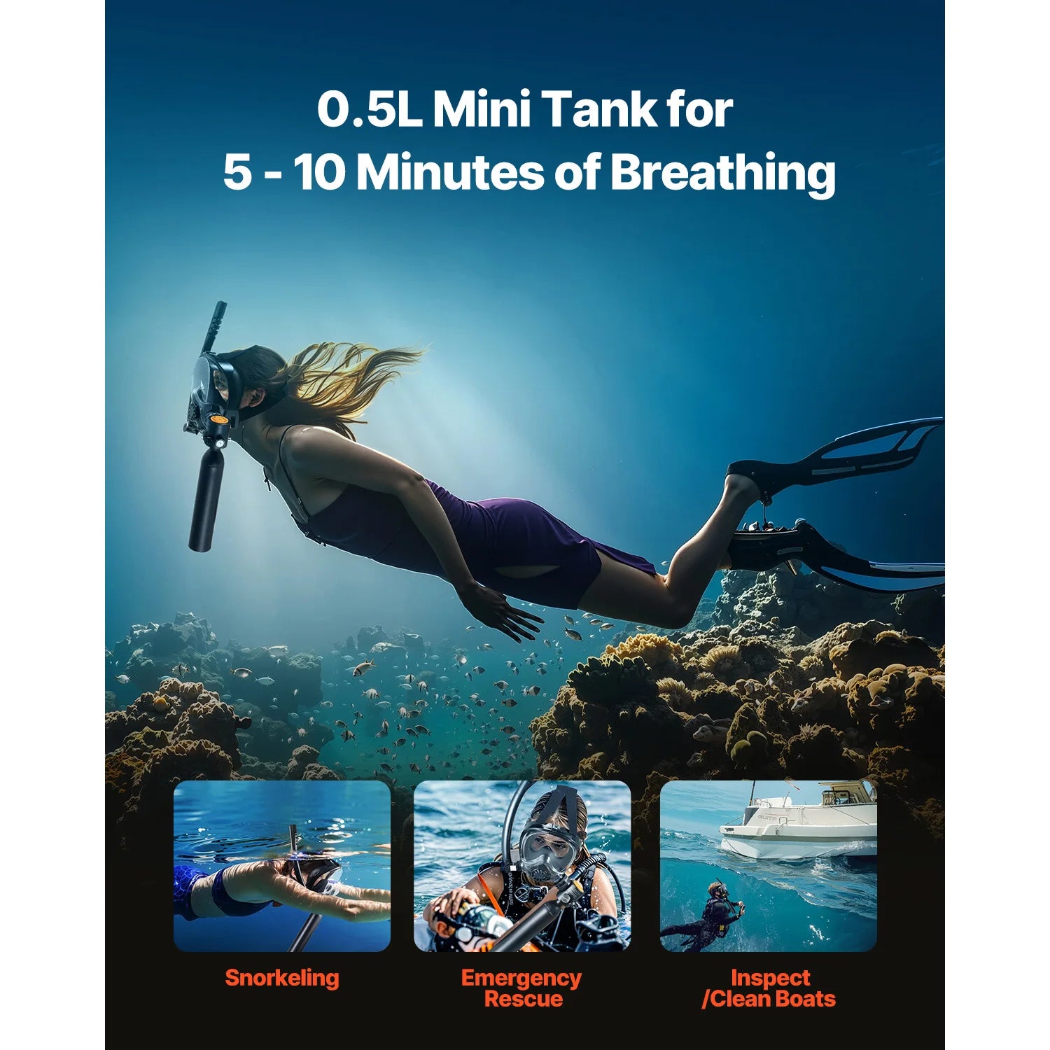 SucceBuy Scuba Tank 0,5 L bærbar Scuba-dykkerflaske Dykning Oxygen cylinder Support 5-10 minutters undervandssvejråndning 98,43 ft dybde