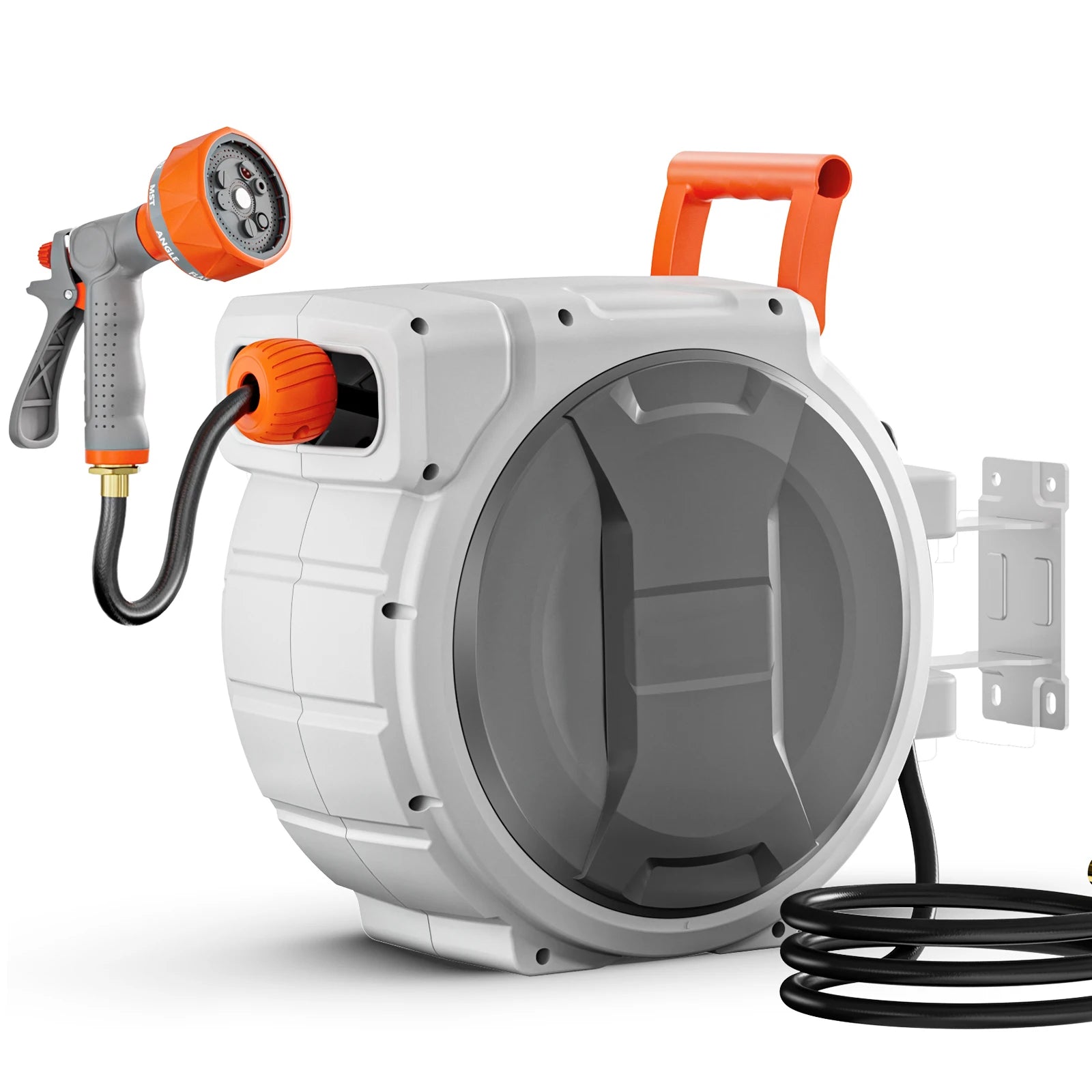 SucceBuy Entreador de Mangueira Retrátil de Jardim 5/8 polegadas x 30,48 m com Niple Rotativo de 9 Padrões, Sistema de Retorno Lento Atualizado e Suporte com Giratório de 180°