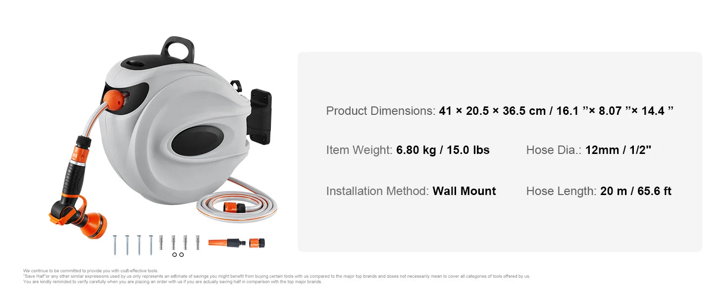 Retractable Hose Reel 1/2 Inch Wall-Mounted with 180° Swivel Bracket and 9-Pattern Nozzle