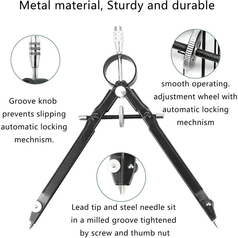 Metal Drawing Compass with Adjustment Wheel & Spare Leads