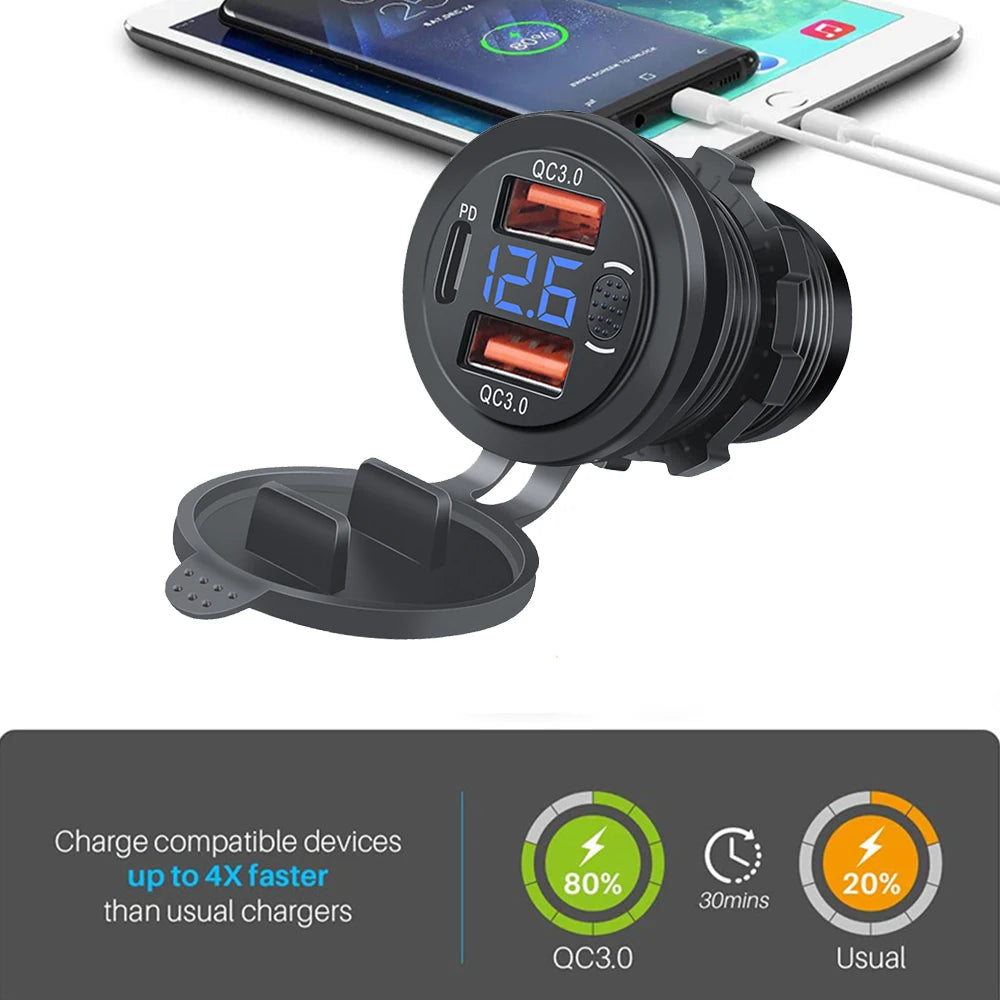 100W USB Car Charger Socket with Dual QC3.0, USB-C PD, Voltmeter and Touch Switch