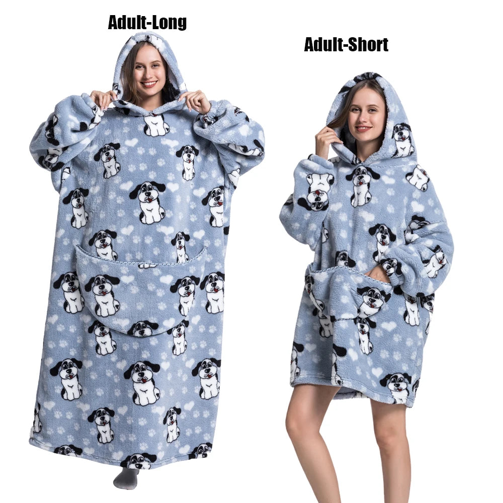 Women Plush Fleece Blanket Men Warm Thick Hoodies Adult Giant TV Blanlets with Sleeves Super Long Cold-proof Homewear Pajamas 