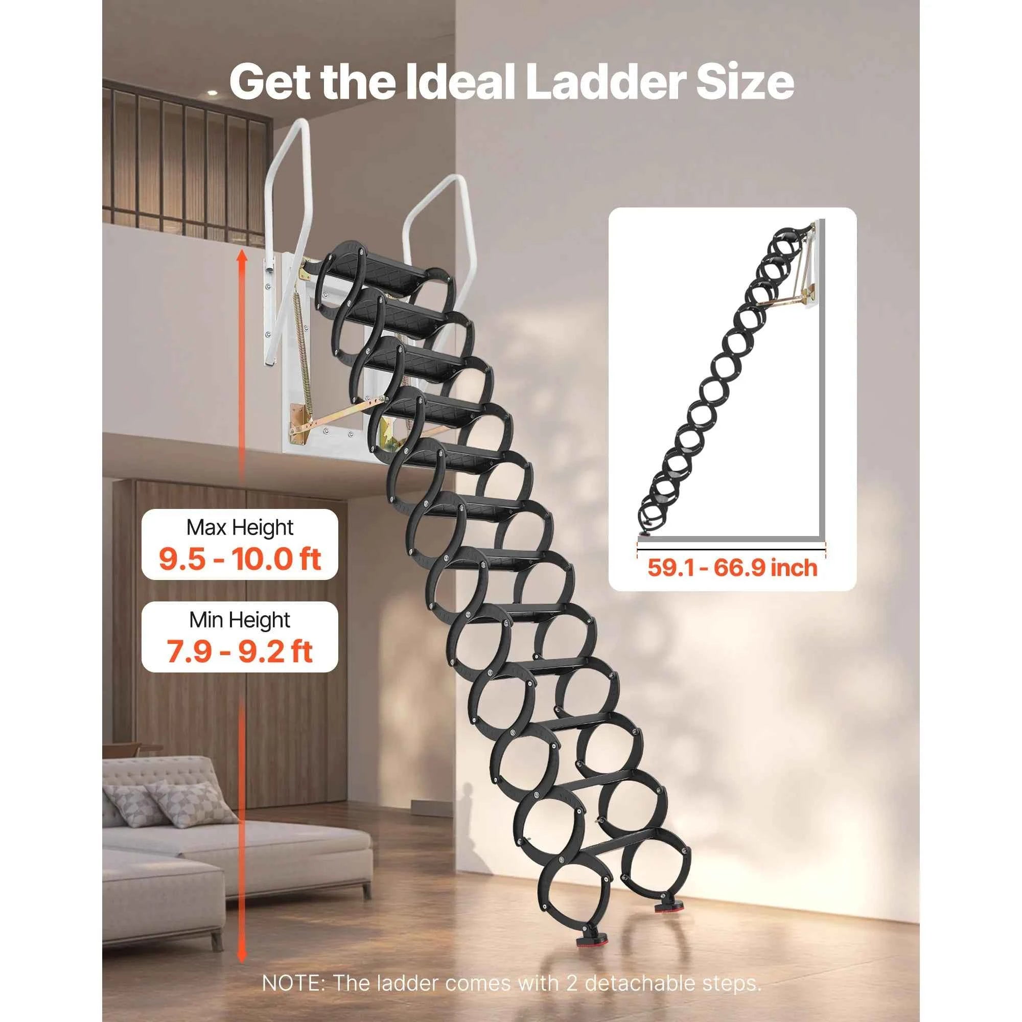 VEVOR Attic Ladder Wall-Mounted 660 LBS Capacity Fits 9.5 to 10 ft Ceiling Height with Handrails for Attics Garages Basements