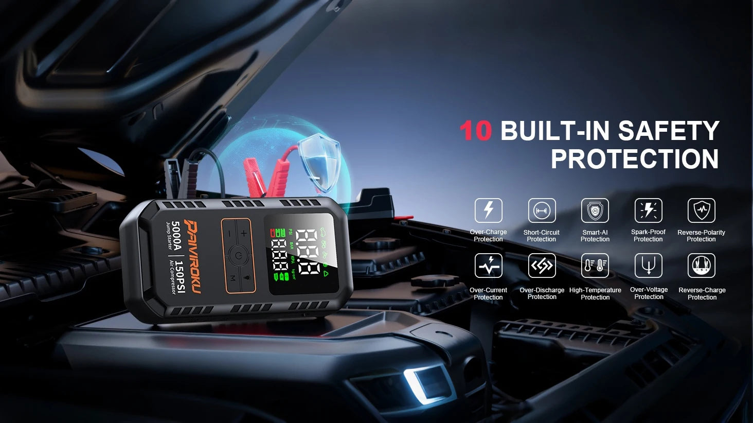 4-in-1 Car Jump Starter with Air Compressor, 150 PSI Tire Inflator, Power Bank