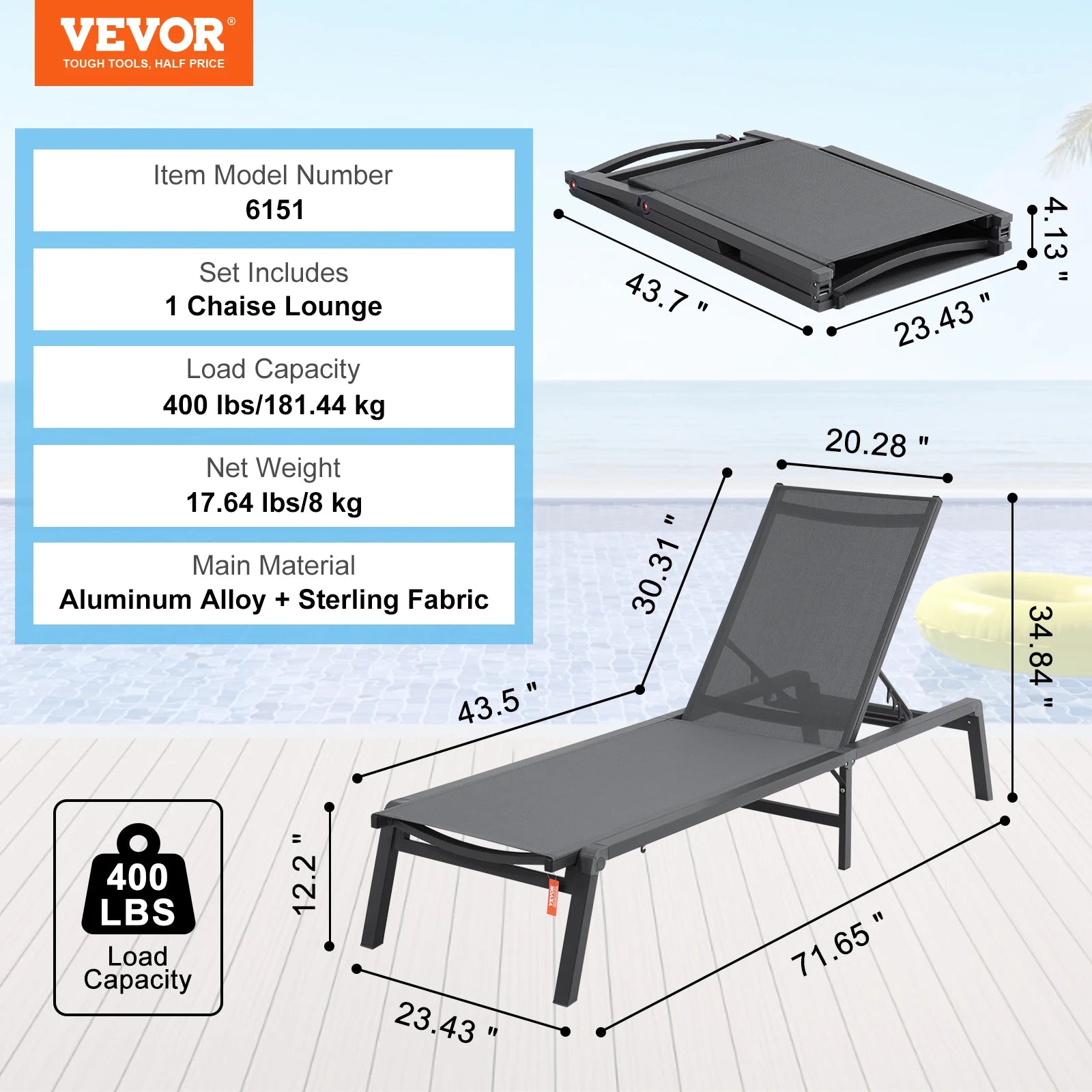 SucceBuy Chaise Lounge Chair Outdoor Aluminum Patio LoungeFolding Pool Lounge Recliner Full Flat for Patio Beach Pool Dark Grey