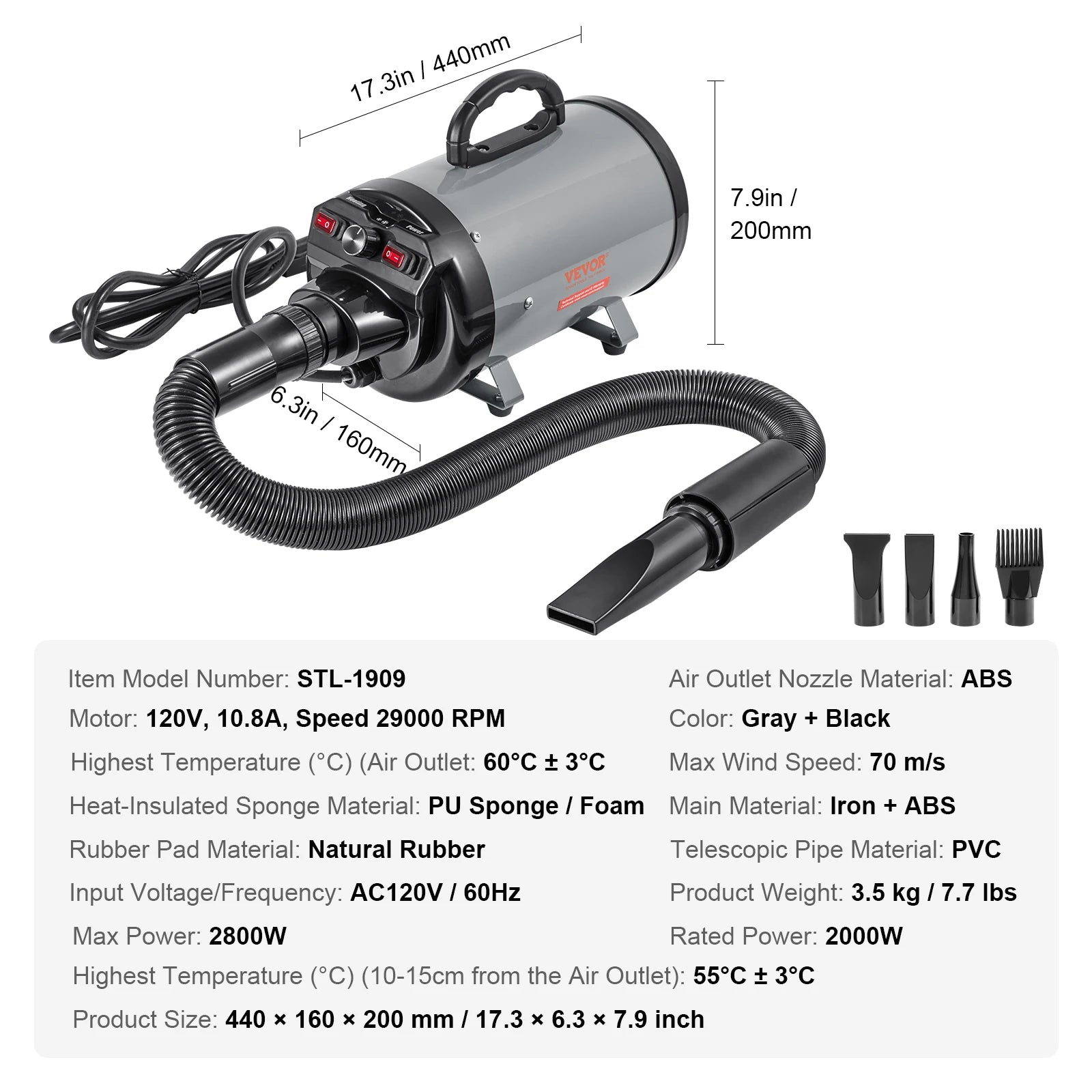 2000W/2.7HP Dog Blow Dryer with Adjustable Speed