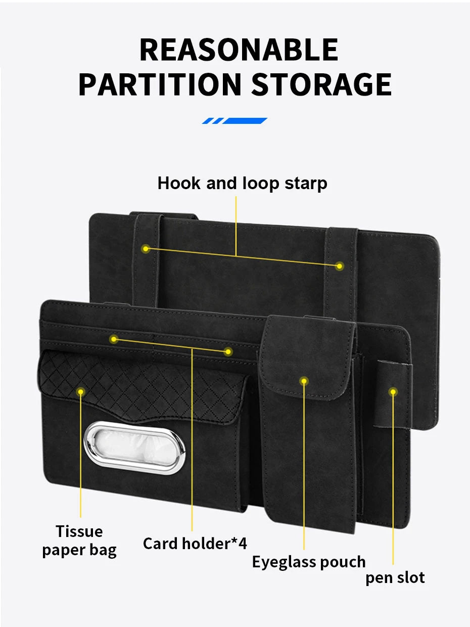 SEAMETAL Car Sun Visor Storage Bag Premium Car Organizer with Glasses Case Tissue Holder Hook and Loop Strap Storage Pocket