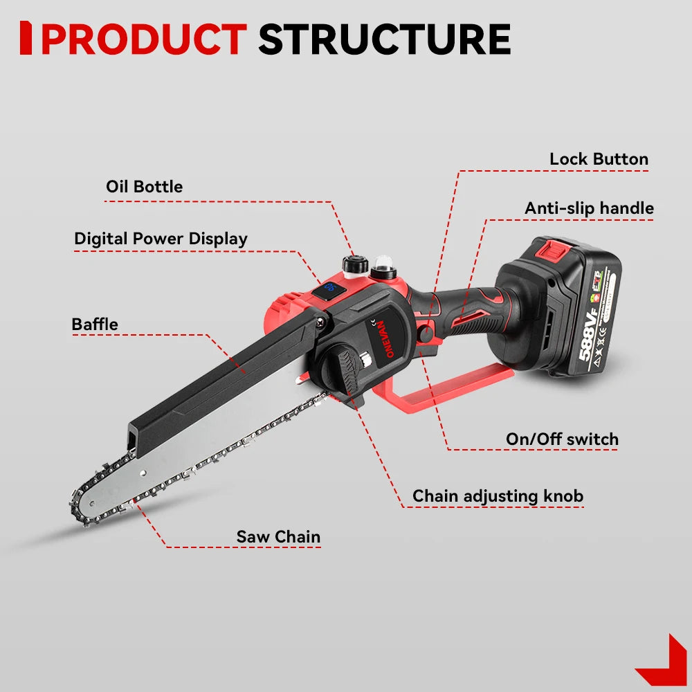 ONEVAN 8 Inch Brushless Electric Chainsaw Cordless Portable Electric Saw Woodworking Power Tool For Makita 18V Battery Pin 