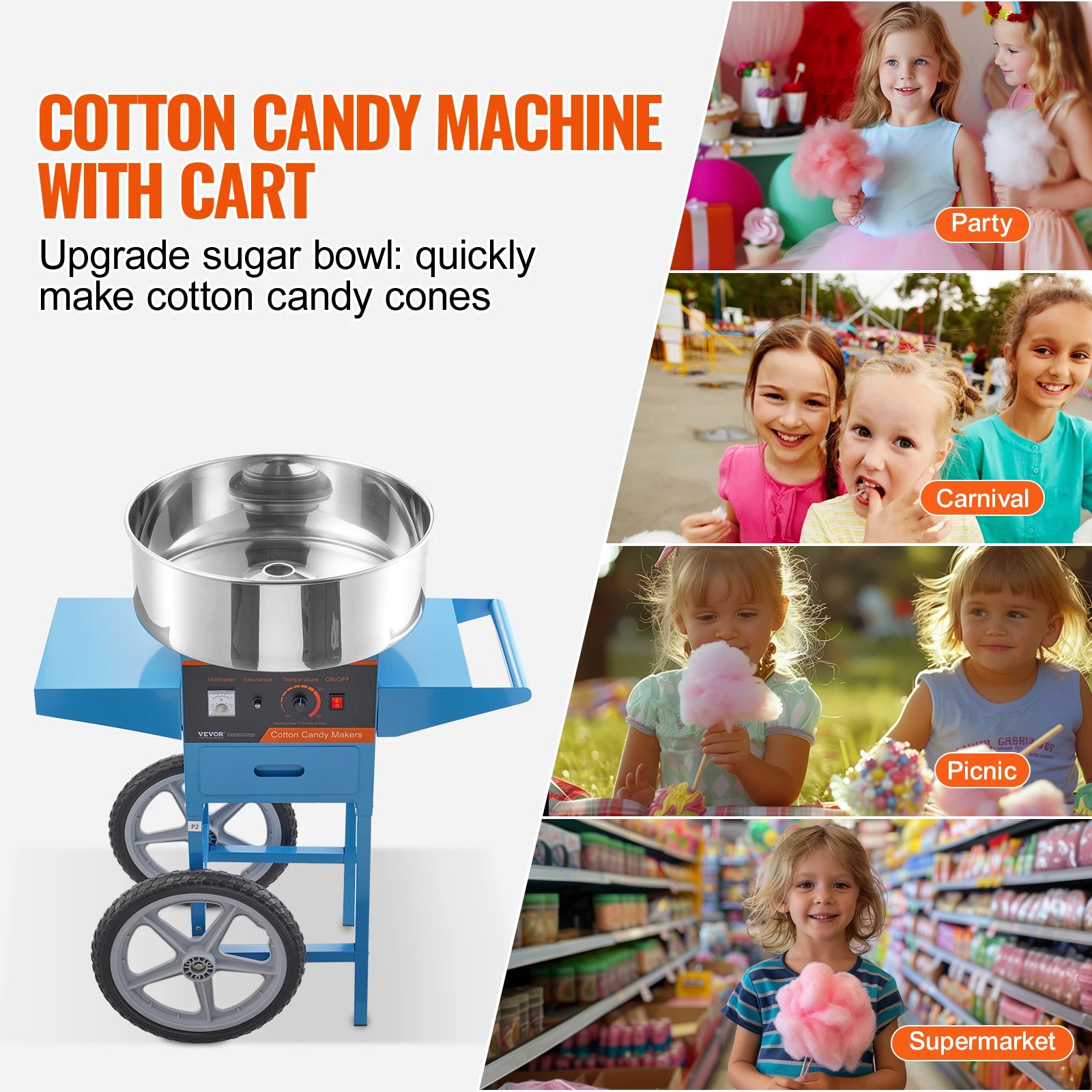 Electric Cotton Candy Machine with Cart, Stainless Steel Bowl, Scoop and Drawer