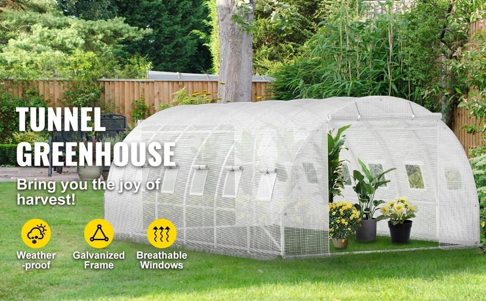 SucceBuy seră tubulară de trecere 20x10x7/15x7x7 ft pentru plante, cu adăpost de tip casă fierbinte, cadrul din oțel galvanizat, 3 brațe superioare și 2 uși cu fermoar