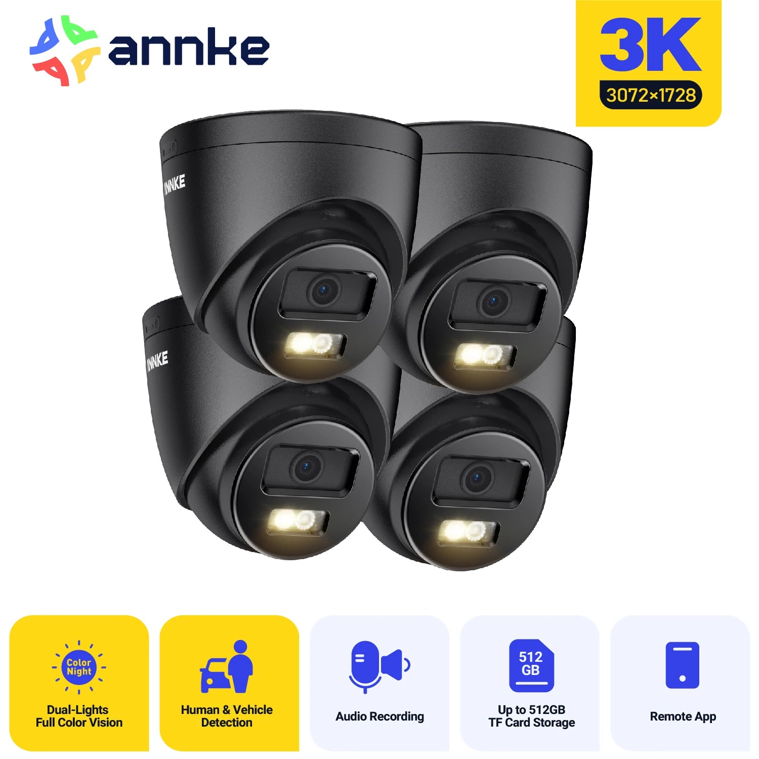 ANNKE 4PCS 3K PoE Outdoor Security Camera with Dual Light