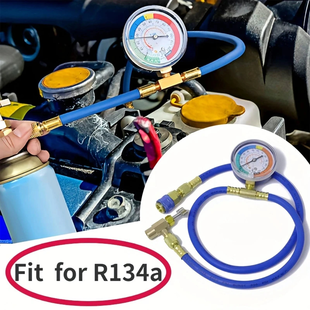 Tuyau de chargement de réfrigérant R134A avec jauge Kit de recharge AC automobile Compatible outil de mesure de pression pour réparation de voiture