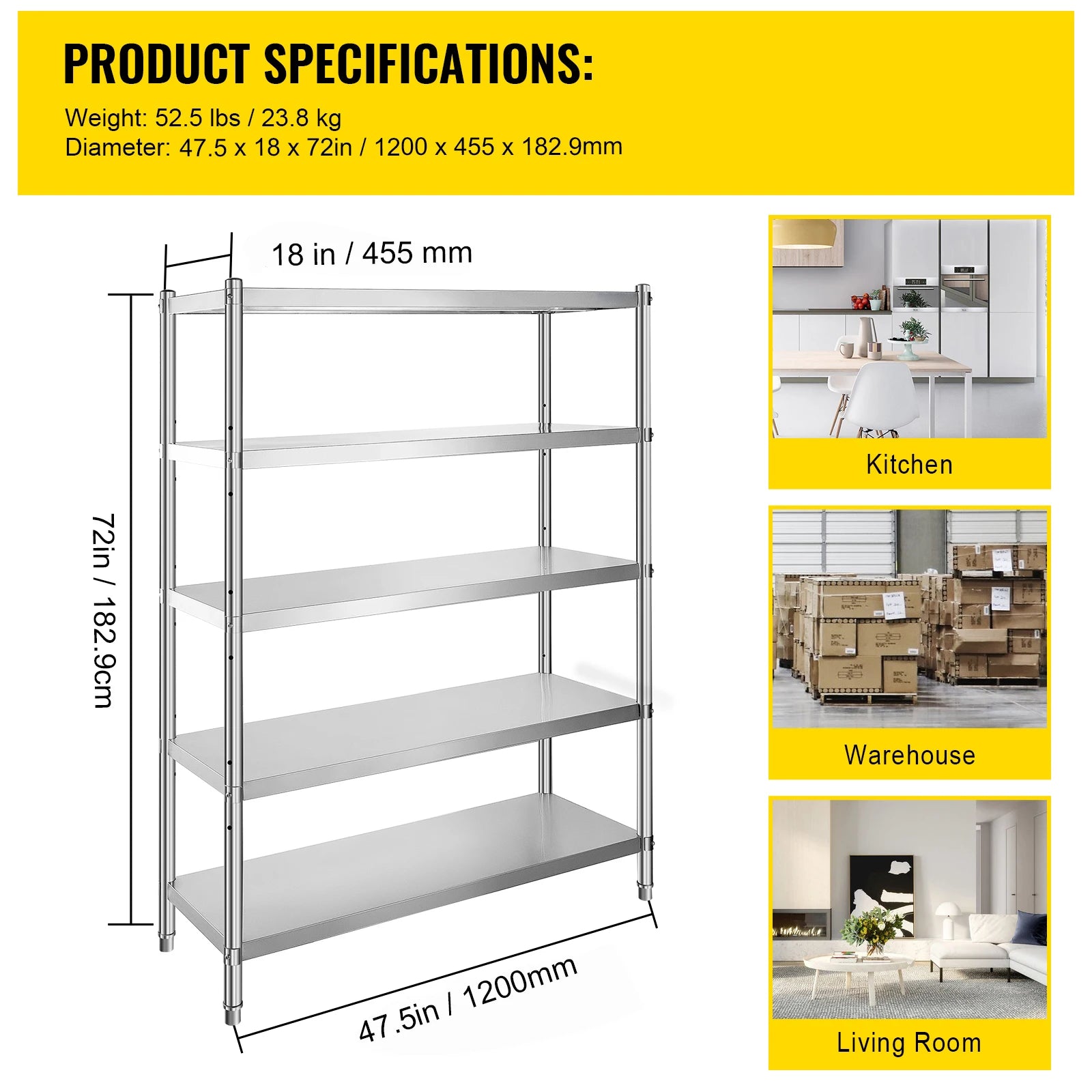 5-Tier Stainless Steel Storage Shelf Heavy Duty Adjustable Rack