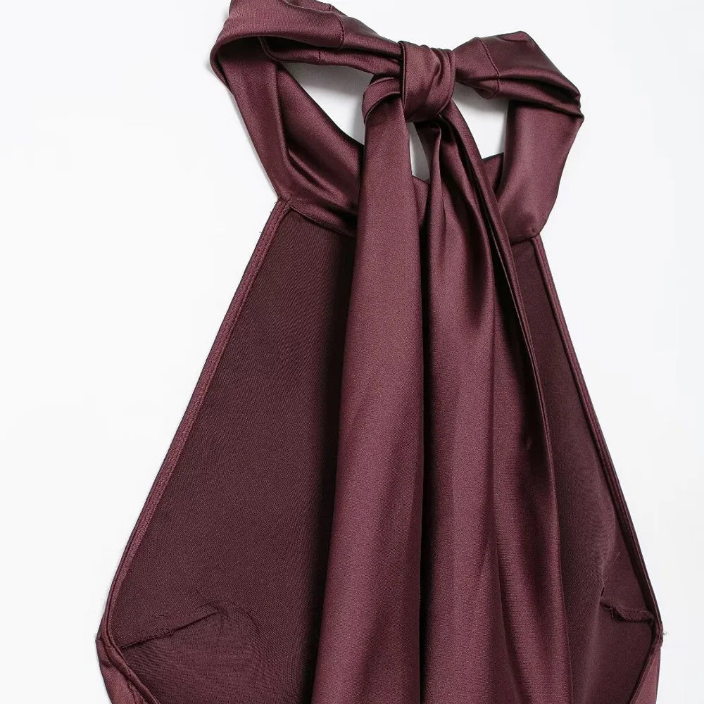 Women's Long Satin Halter Dress, Backless, Bow Tied, Back Zipper, Female Dresses, Sexy Fashion 