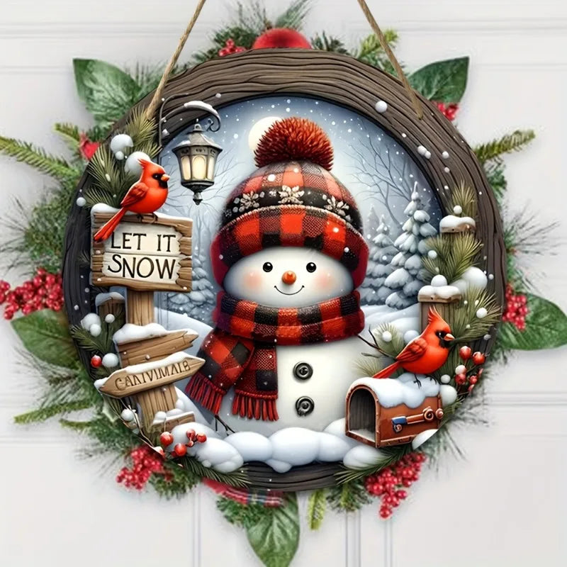 7.9" Christmas Wreath Centerpiece Decoration - Acrylic  Round Holiday Wall Door Hanging Ornament Snowman Christmas Home Decor 