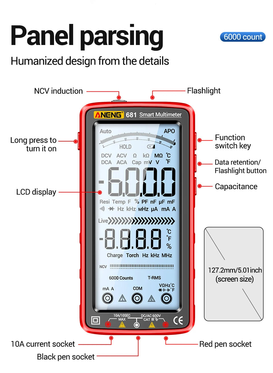 ANENG 681 Rechargable Digital Professional Multimeter Non-contact Voltage Tester AC/DC Voltage Meter LCD Screen Current Tester 