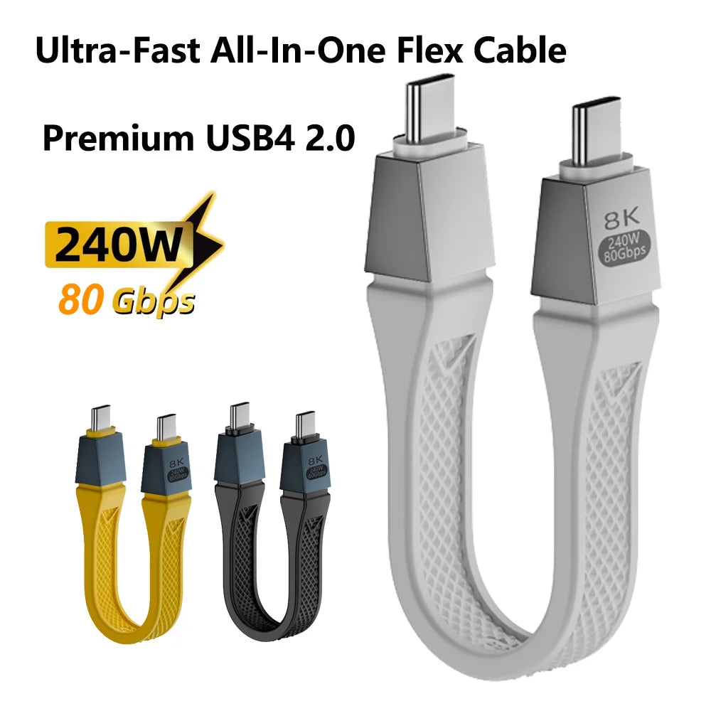Къс USB-C кабел 5inch, висока скорост 80Gbps, честотна лента 120Gbps, PD 240W, Thunderbolt 5 кабел за 16K, два 8K/6K дисплея, USB-C кабел