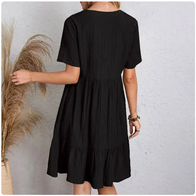Women Summer Peplum Dresses Spring V-Neck Short Sleeve Loose Waist Ruffle Fit Flare Vocation Dresses 