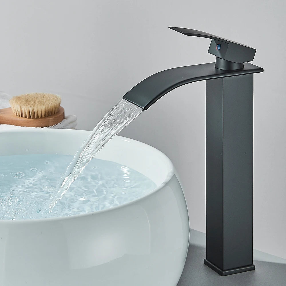 Matte Black Waterfall Basin Faucet – Single Handle Bathroom Mixer