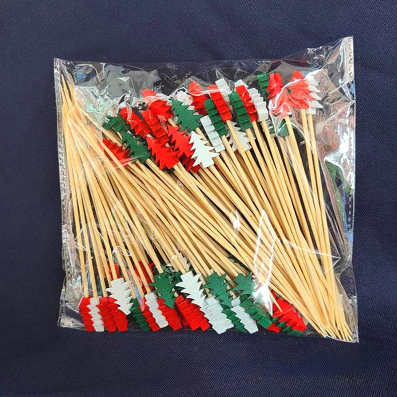 50Pcs/set Christmas Fruit Sticks Disposable Bamboo Sticks Snowflake Christmas Tree Elk Santa Claus Snowman Sticks Xmas Ornaments 