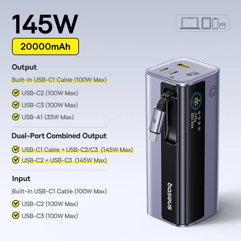 Baseus Power Bank 145W 20800mAh con doppia USB A, USB C PD 100W, ricarica rapida, display digitale, power bank portatile per laptop, telefono e Steam