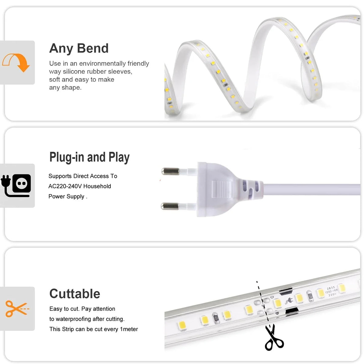 Bel svetlobni trak LED 220–240 V z vtičem EU