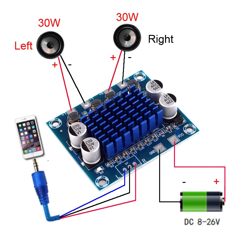 XH-A232 30W+30W 2.0 Channel Digital Stereo Audio Power Amplifier Board DC 8-26V 3A TPA3110 for Arduino 