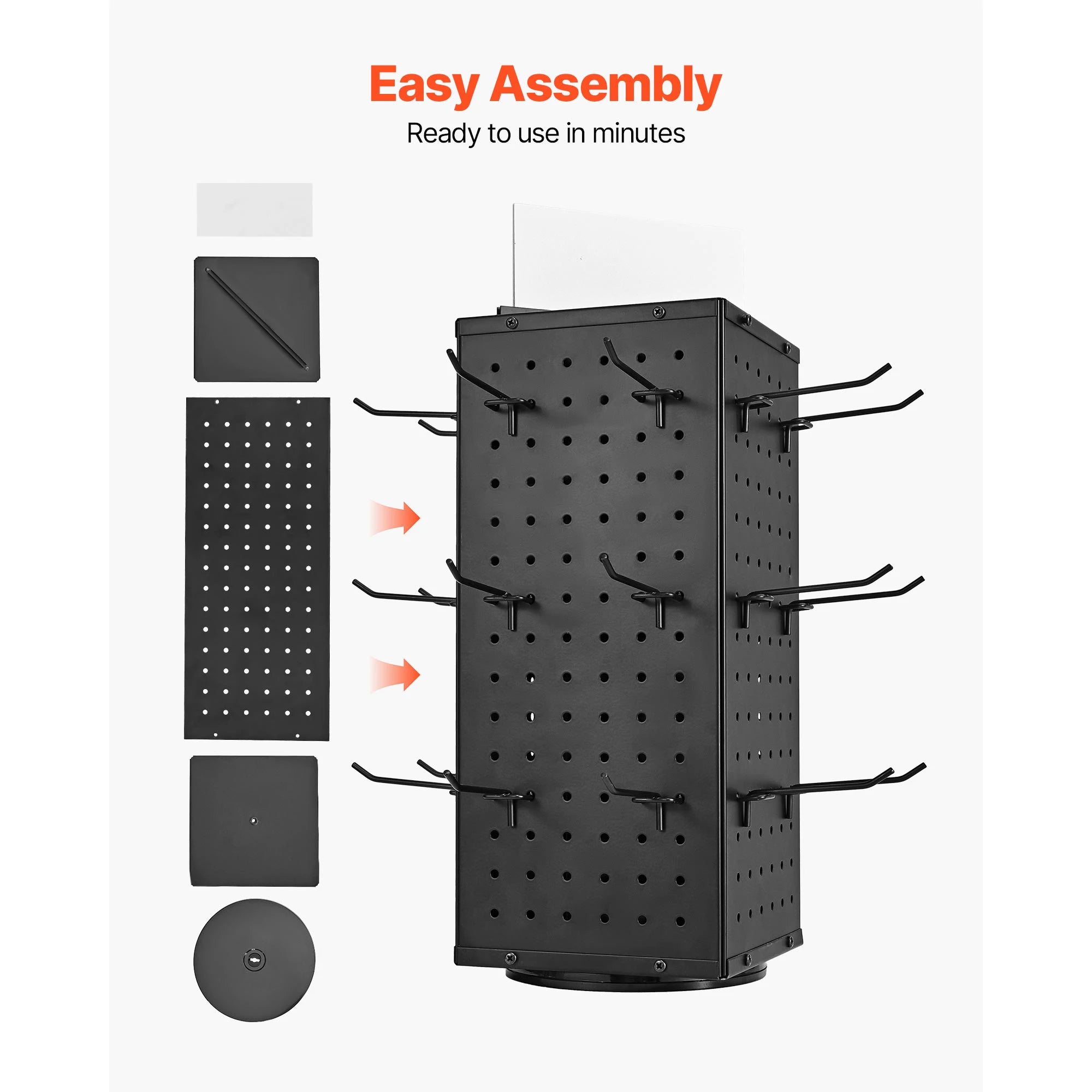 Support ROTATEUR SucceBuy - Panneau d’affichage rotatif à 4 côtés avec sélecteur en pegboard, présentoir à socles rotatifs avec 24 crochets pour magasin de bijoux et boutique de vente au détail