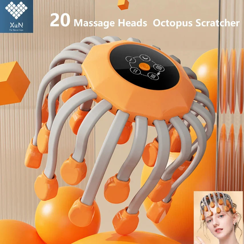 20Massage Heads Orange Scalp Head Massager Red Light Vibrator Octopus Scratcher For Relaxation Stress Migraine 