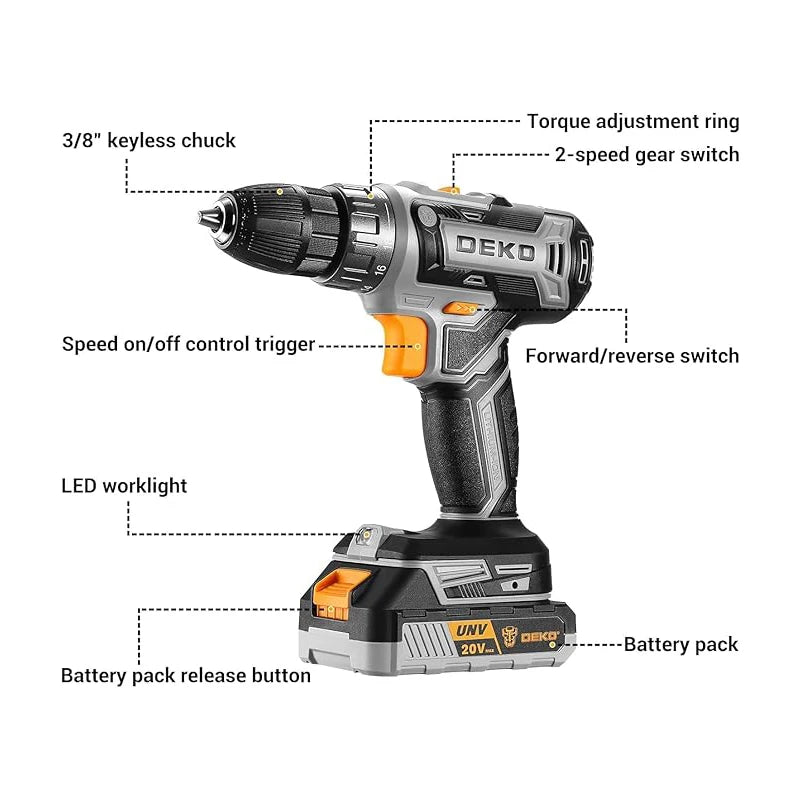 DEKO 20V Cordless Drill Driver Kit with Battery and Charger