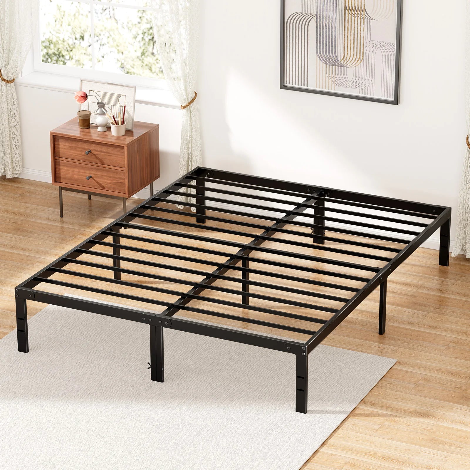 Metal Platform Bed Frame with Steel Slats and 14" Underbed Clearance