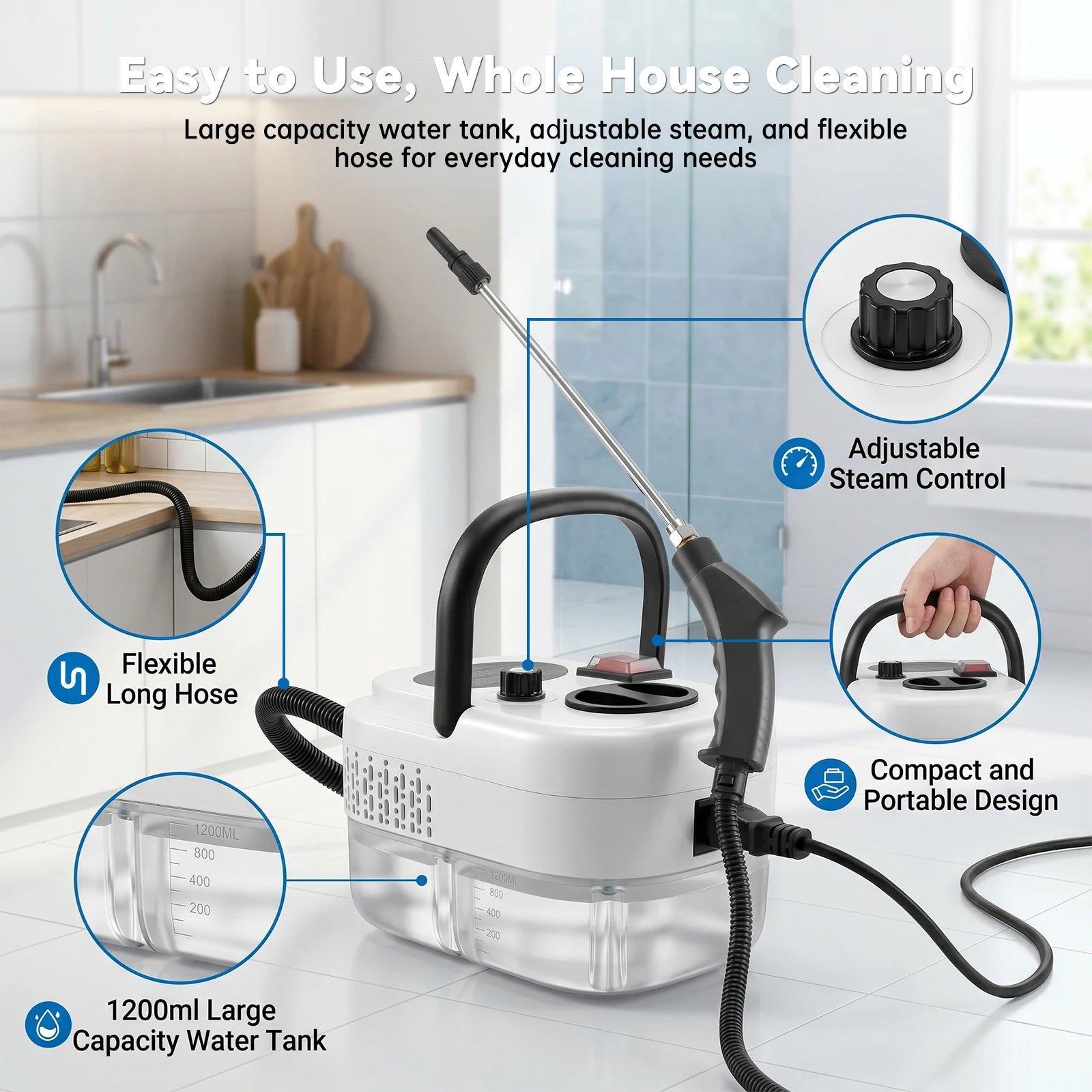 2500W Handheld Steam Cleaner with 1200ml Tank and Accessories