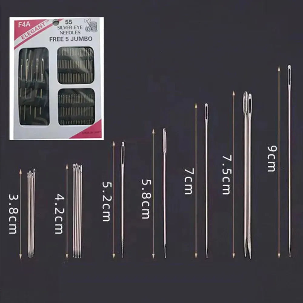 55 Pieces Stainless Steel Big Eye Hand Sewing Needles Set with Different Sizes for Sewing Needlework Embroidery Needles 
