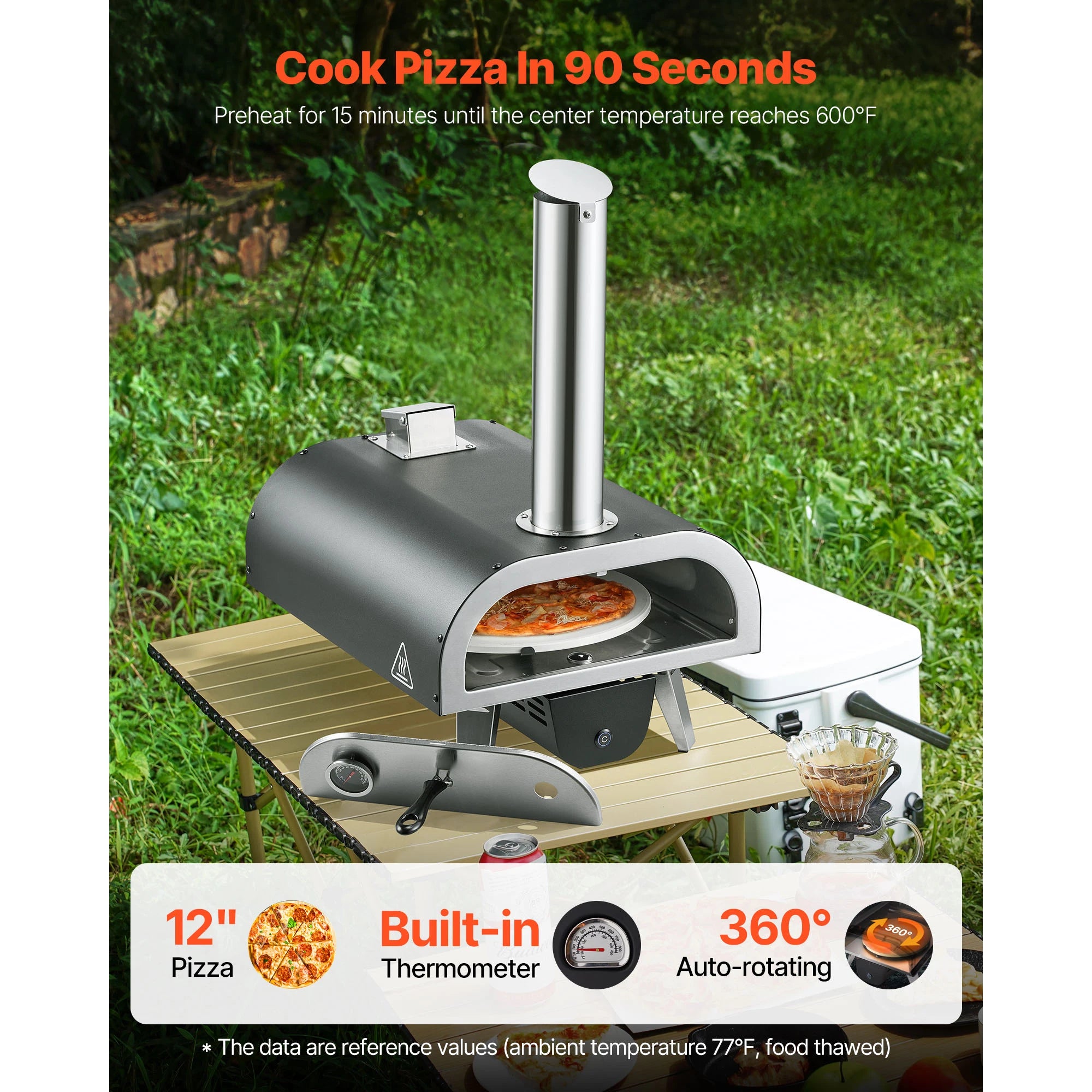 12" Outdoor Wood Fired Pizza Oven with Rotating Stone & Thermometer