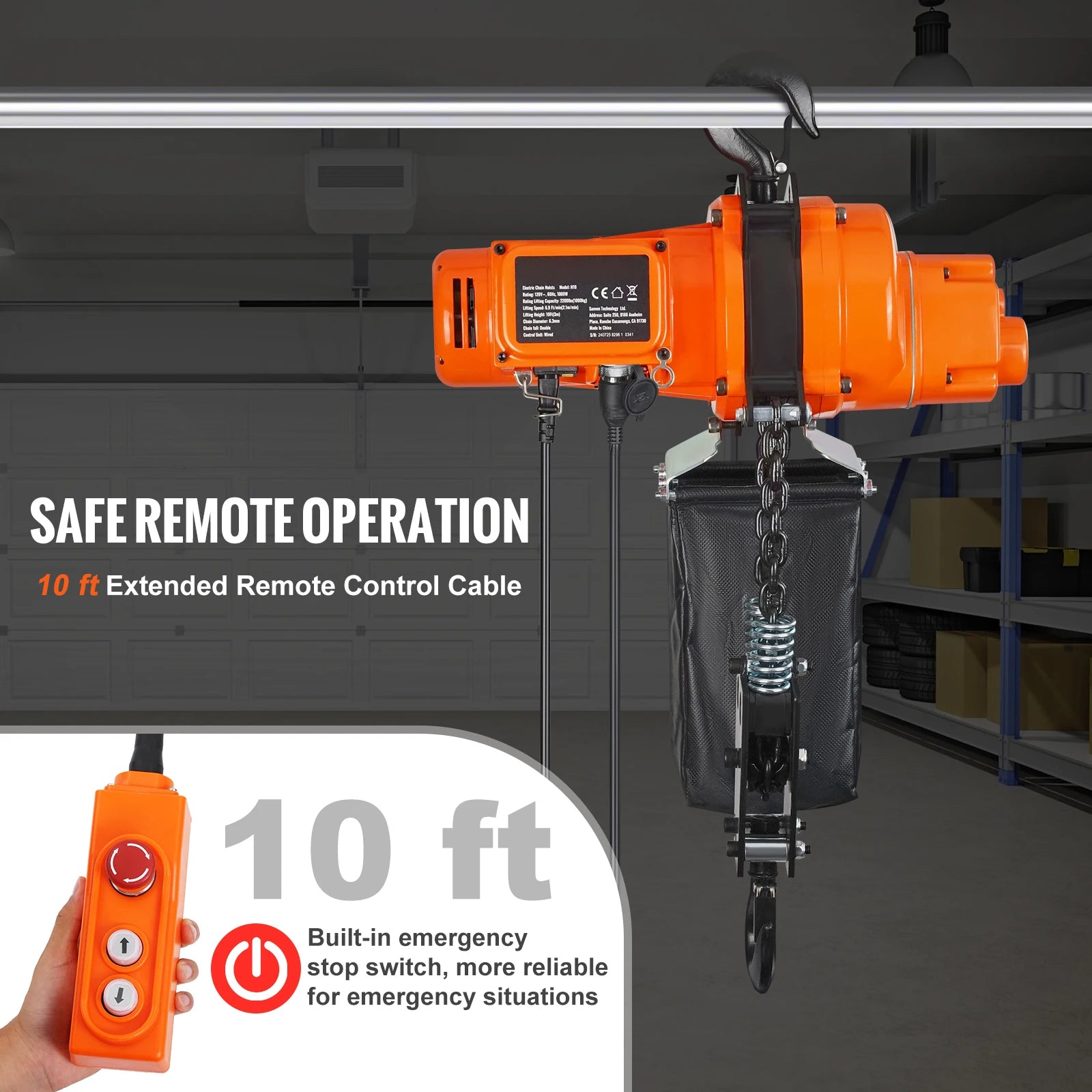 2200 lbs Electric Chain Hoist with 10 ft Lift & Wired Remote