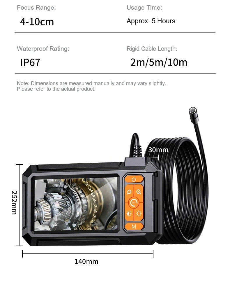 Endoscop industrial 4,3 inch cu sondă de 8 mm, 8 LEDuri, baterie de 2600mAh, cablu rigid de 5 m