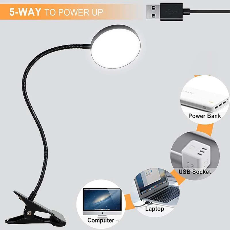 Lampă LED de citit cu prindere cu clips și gât flexibil, cu USB