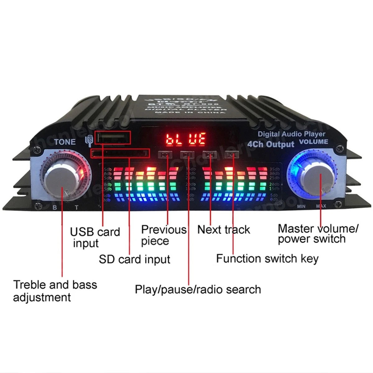 1600W Peak Power HiFi Sound Amplifier Digital 4 Channel Audio Amplifier Bluetooth Karaoke Player FM Radio Support Remote Control 