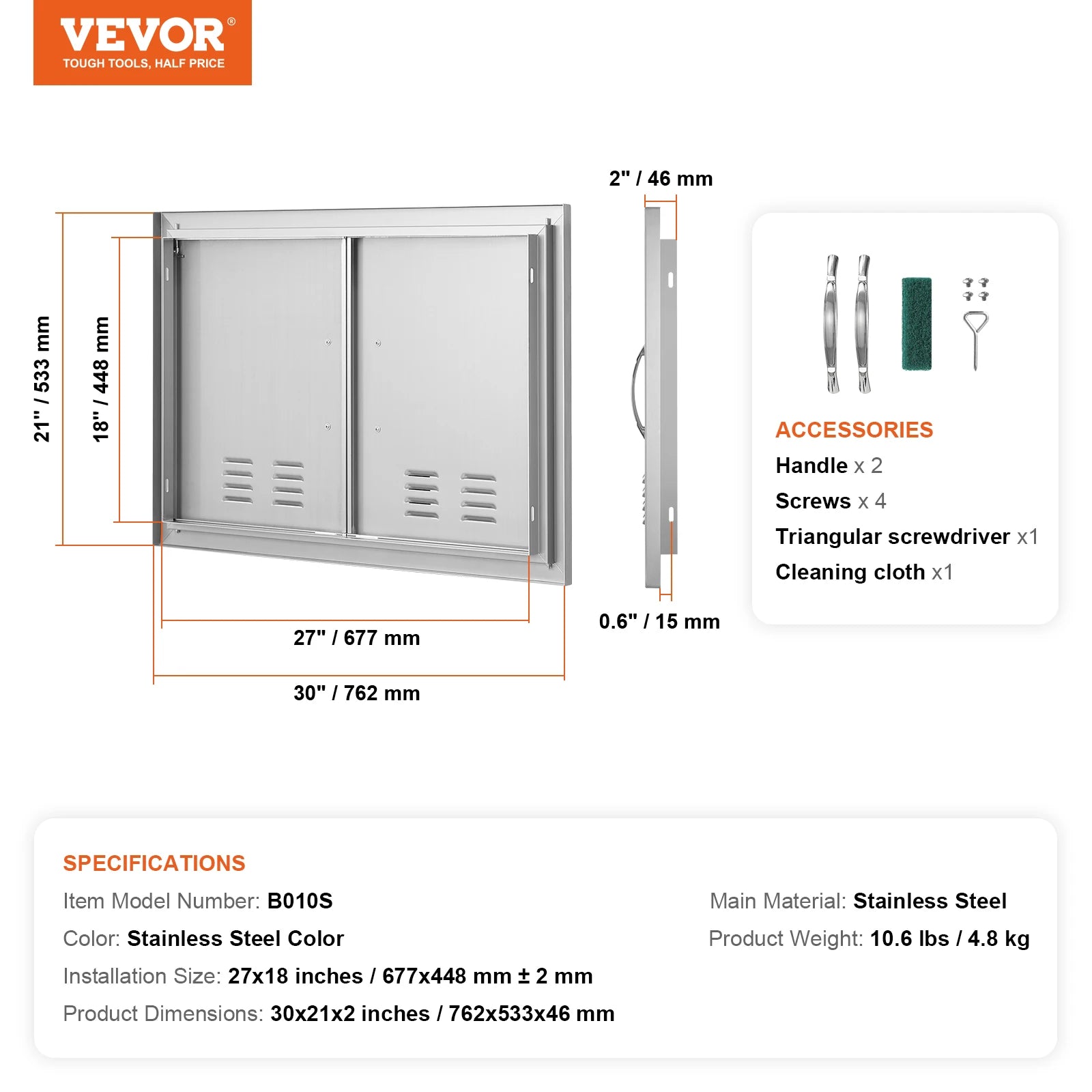 Porte d'accès double en acier inoxydable avec évents pour barbecue de cuisine extérieure